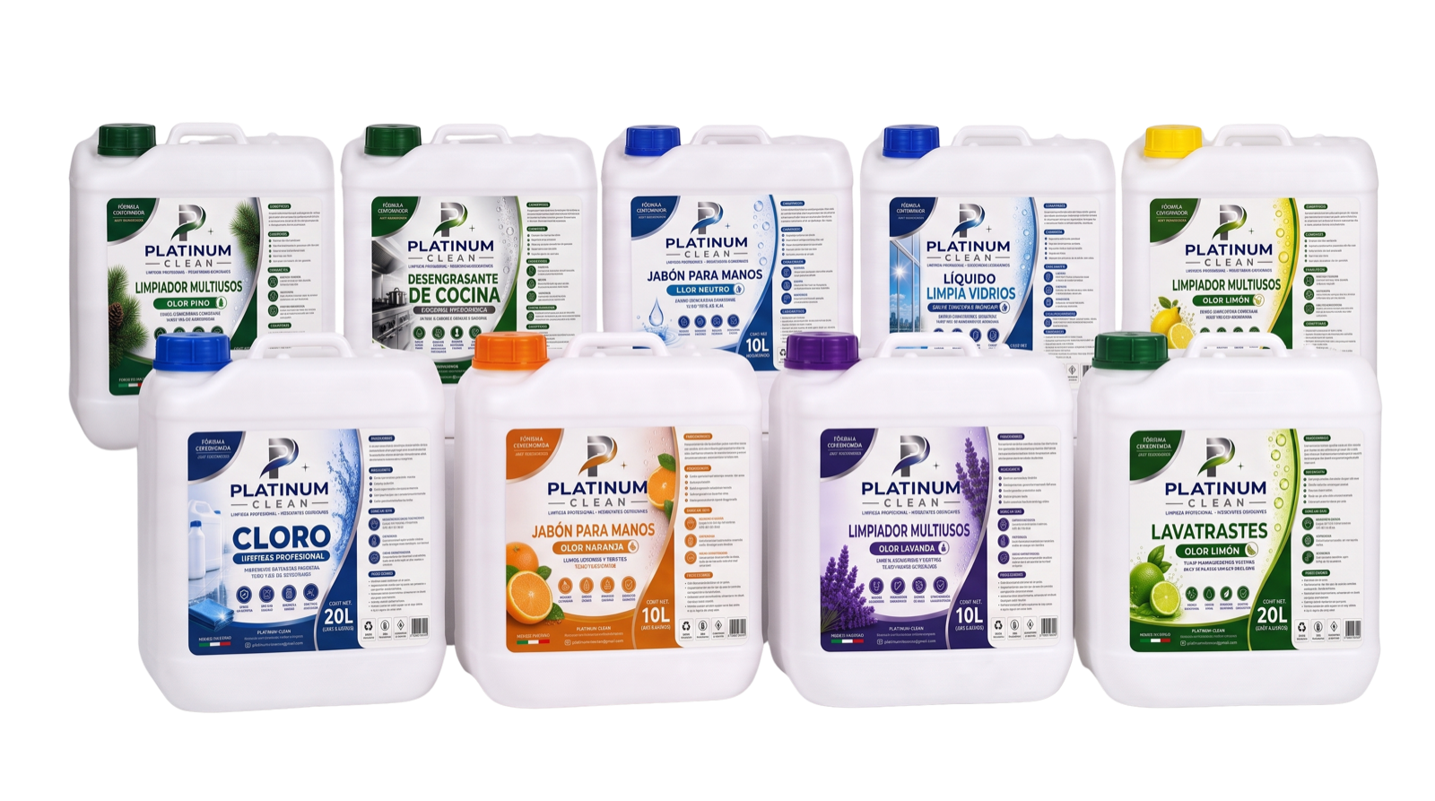 Línea completa de productos Platinum Clean en presentaciones industriales de 5, 10 y 20 litros